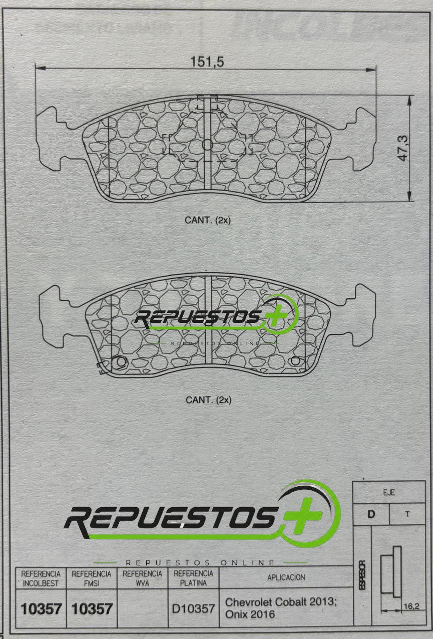 Pastillas de Freno Delanteras – Chevrolet Onix, Cobalt, Joy | Ref. 10357 Gamax