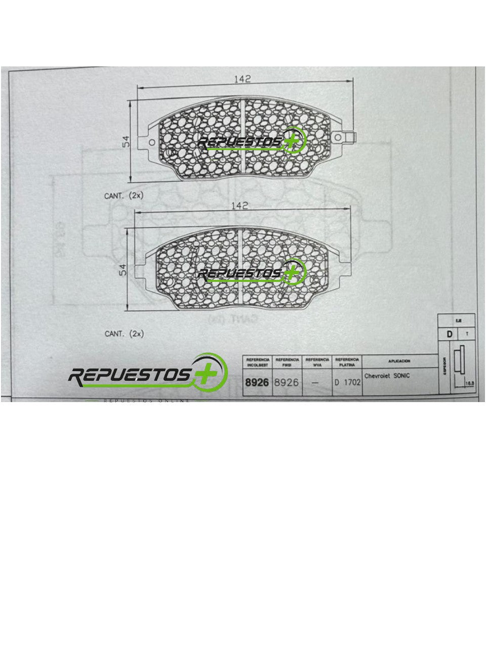 Pastillas de Freno Delanteras – Chevrolet Sonic | Ref. 8926 Gamax