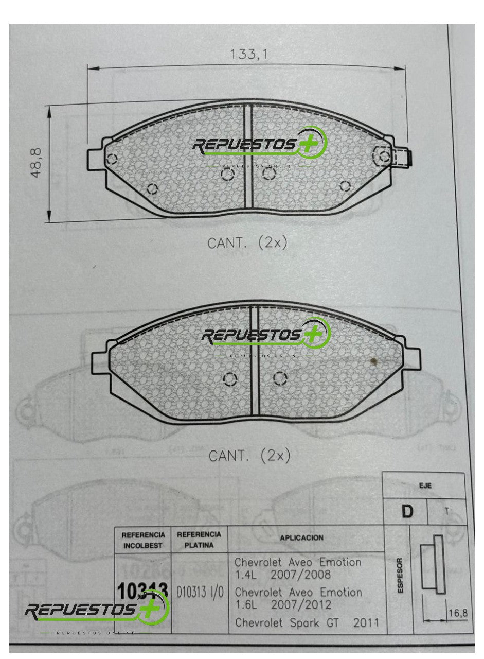 Pastillas de Freno Delanteras – Chevrolet Spark GT, Beat, Aveo Emotion | Ref. 10313 Gamax
