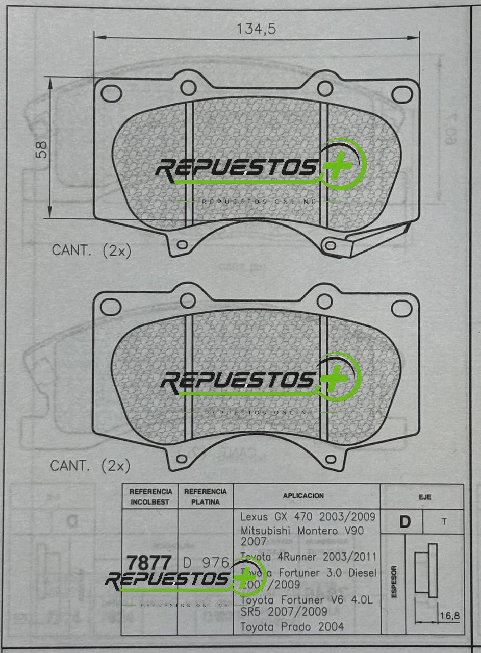 Pastillas de Freno Delanteras – Toyota Fortuner | Ref. 7877 Gamax