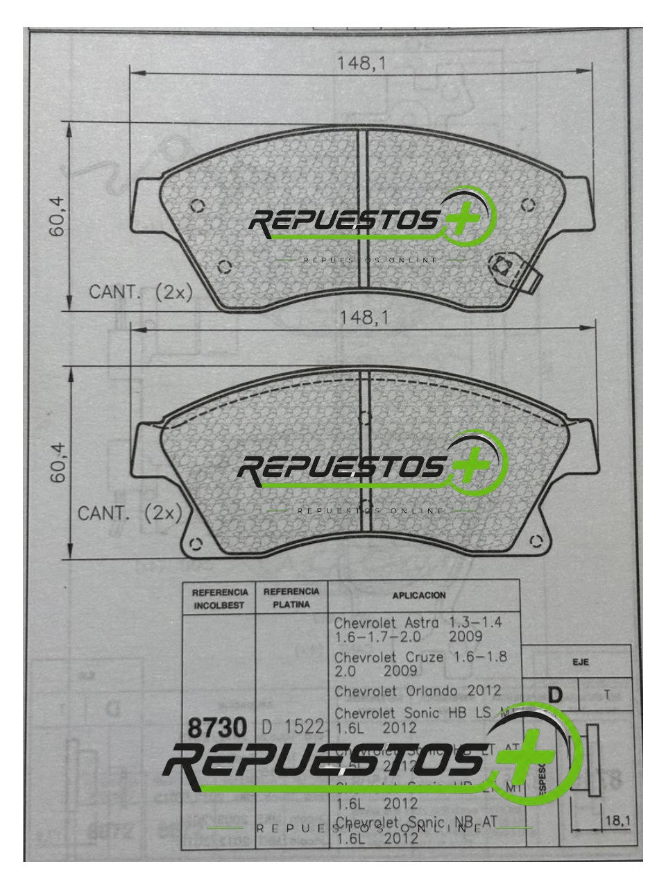 Pastillas de Freno Delanteras – Chevrolet Tracker, Cruze | Ref. 8730 Gamax