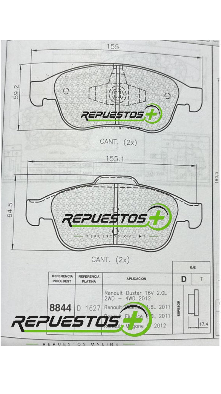 Pastillas de Freno Delanteras – Renault Duster 4x4 | Ref. 8844 Gamax